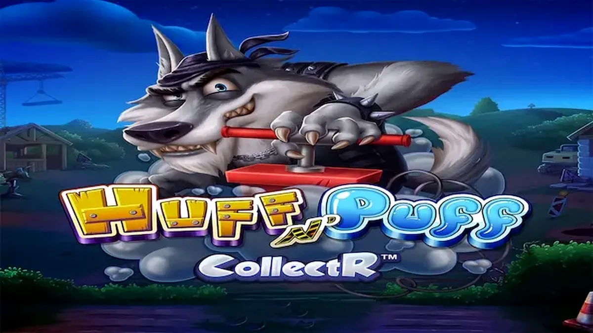 Tampilan visual permainan slot Huff N’ Puff CollectR dengan karakter babi dan serigala.
