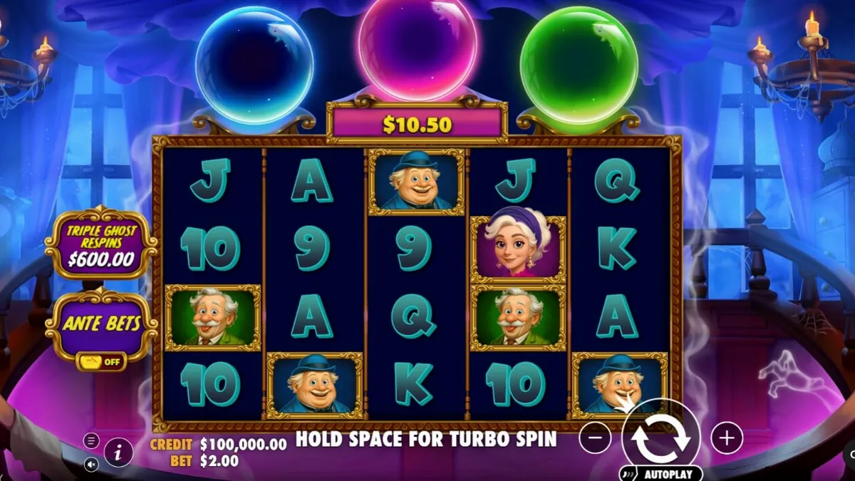 Great Ghosts! slot machine interface featuring haunted manor theme