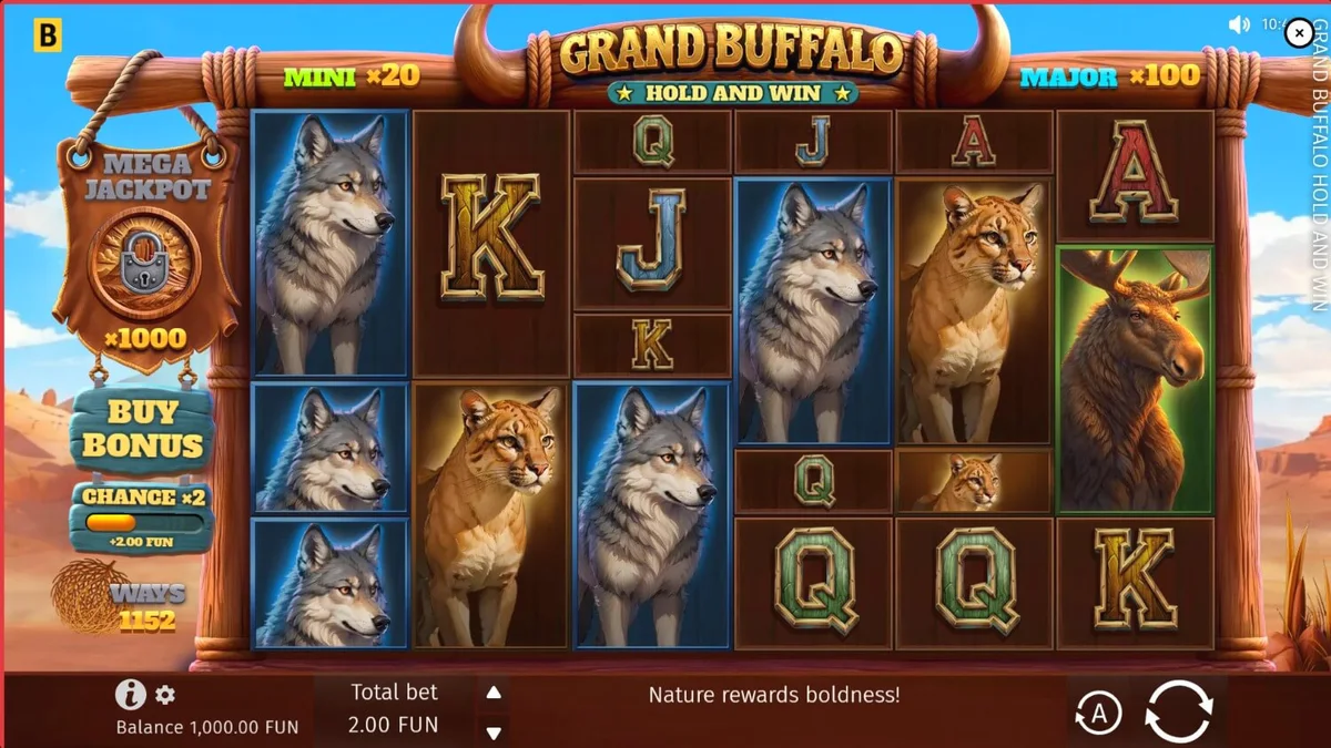 Tampilan visual slot Grand Buffalo Hold and Win dengan latar belakang padang rumput Wild West